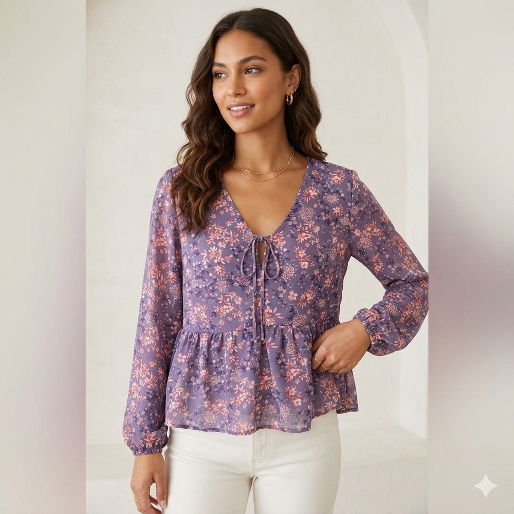 WILD SKYE Womens Floral Purple Blouse Western Boho Flowy  SZ XL